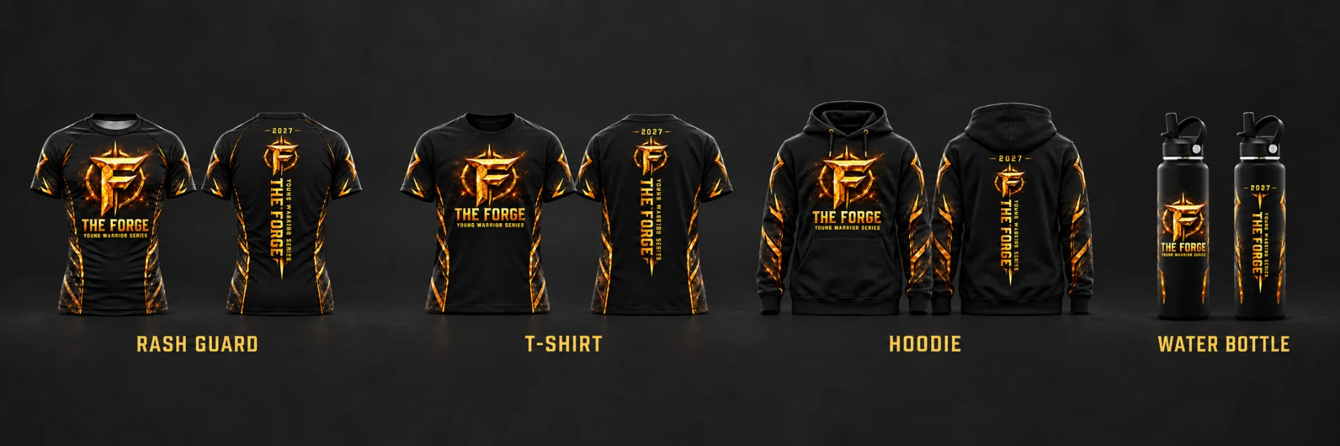 The Forge official merch lineup: t-shirt, water bottle, rash guard and hoodie