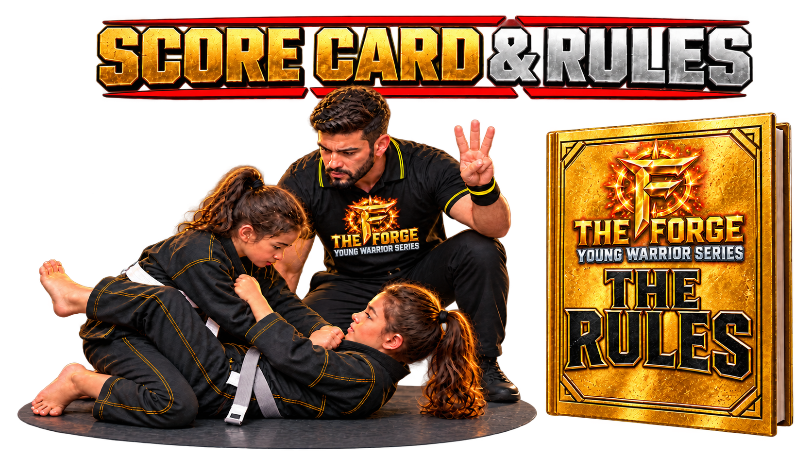 Score Card & Rules — a coach teaching two young warriors on the mat beside the gold Forge rules book