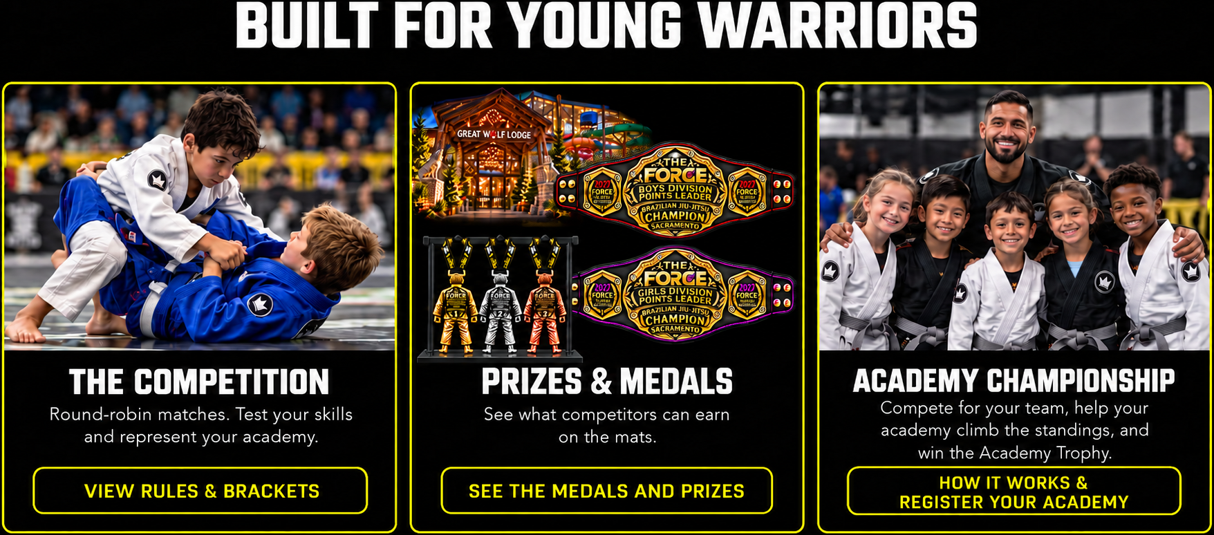 Built for young warriors — The Competition: round-robin matches, test your skills and represent your academy, with a View Rules & Brackets button. Prizes & Medals: see what competitors can earn on the mats, with a See the Medals and Prizes button. Academy Championship: compete for your team, help your academy climb the standings and win the Academy Trophy, with a How It Works & Register Your Academy button.